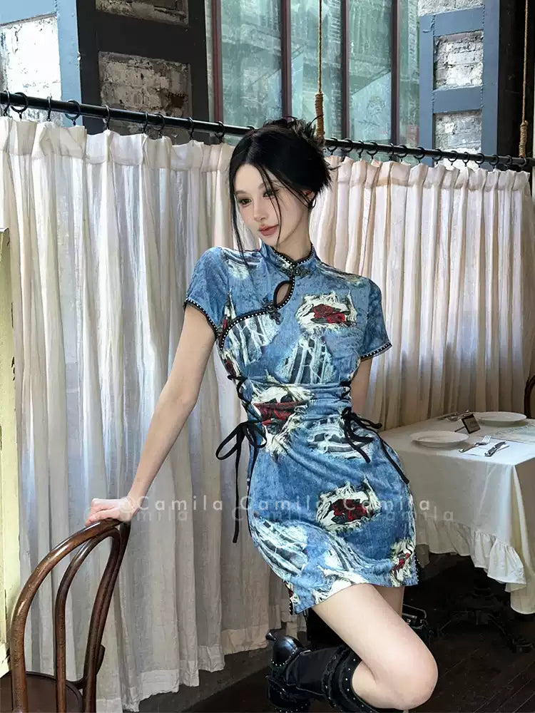 Blue Velvet Denim Stretch Cheongsam Dress
