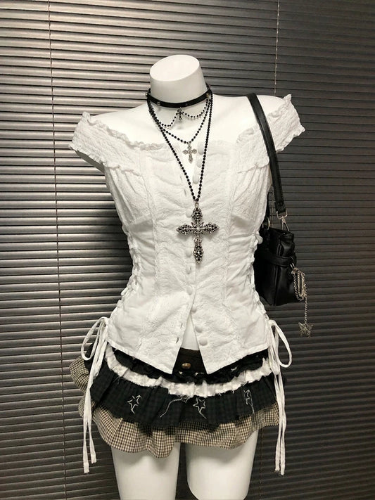 White Off-the-Shoulder Lace Crochet Short-Sleeve Shirt for Women Summer Design Sense Unique Styling