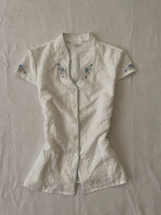 Vintage White Embroidered V-Neck Slimming Women’s Summer Literary Fresh Versatile Chiffon-Style Short-Sleeve Top