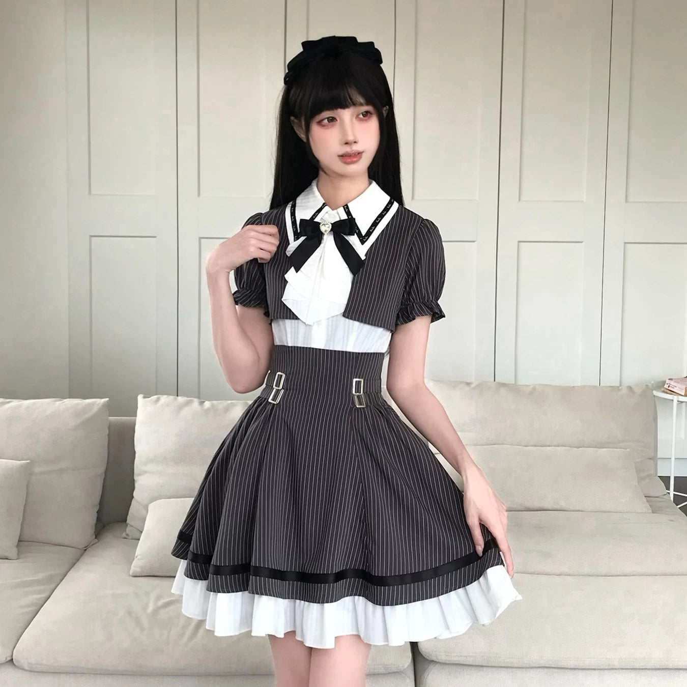LaLa Sauce Striped “Top Student” Collegiate Sweet-Cool Striped Two-Piece-Look Dress Bubble Sleeves Waist-Defining Slimming Outfit