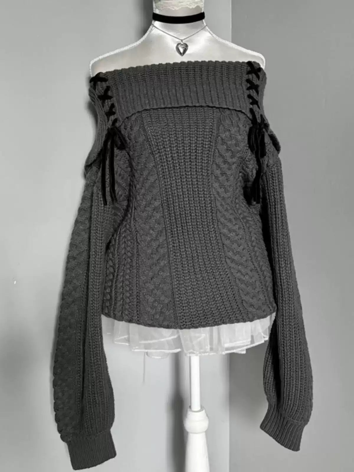 gray straps off-shoulder sweater