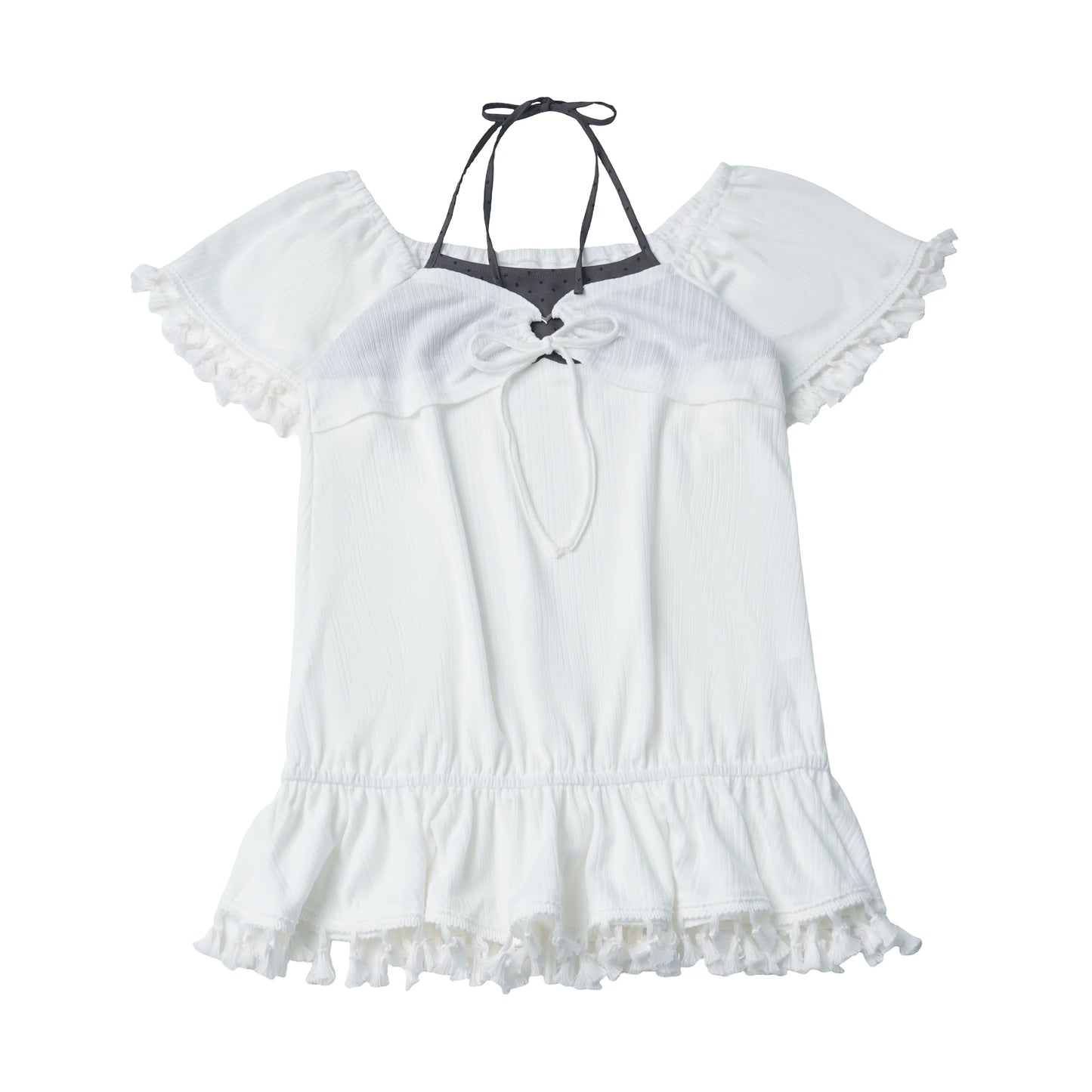 Pinksavior “Misty Star Abodes” Pink Rose Dot Tassel Knit Short-Sleeve Off-Shoulder Fitted Design Set