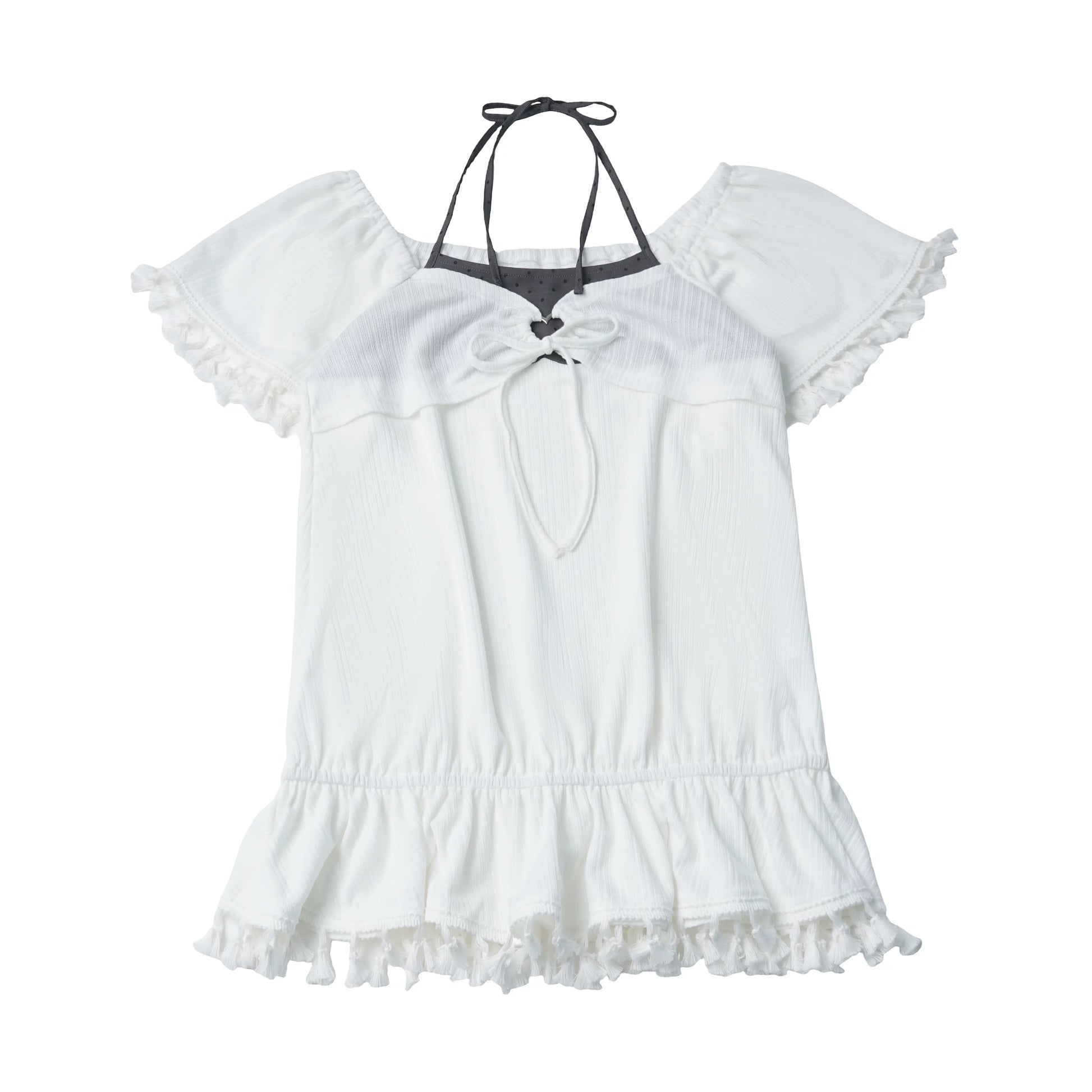 Pinksavior “Misty Star Abodes” Pink Rose Dot Tassel Knit Short-Sleeve Off-Shoulder Fitted Design Set