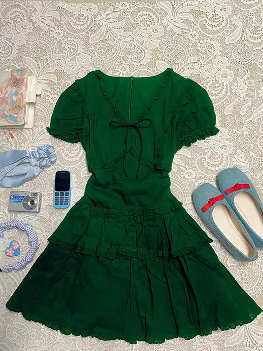 Green v-neck bow shirt dress