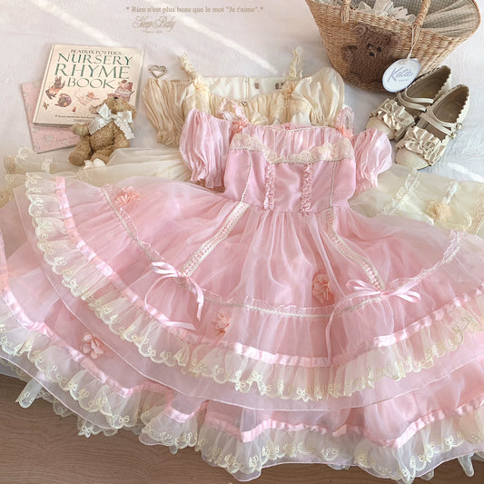 Last-Season Clearance: Vintage Lace Floral Tiered Cake Dress with Bow