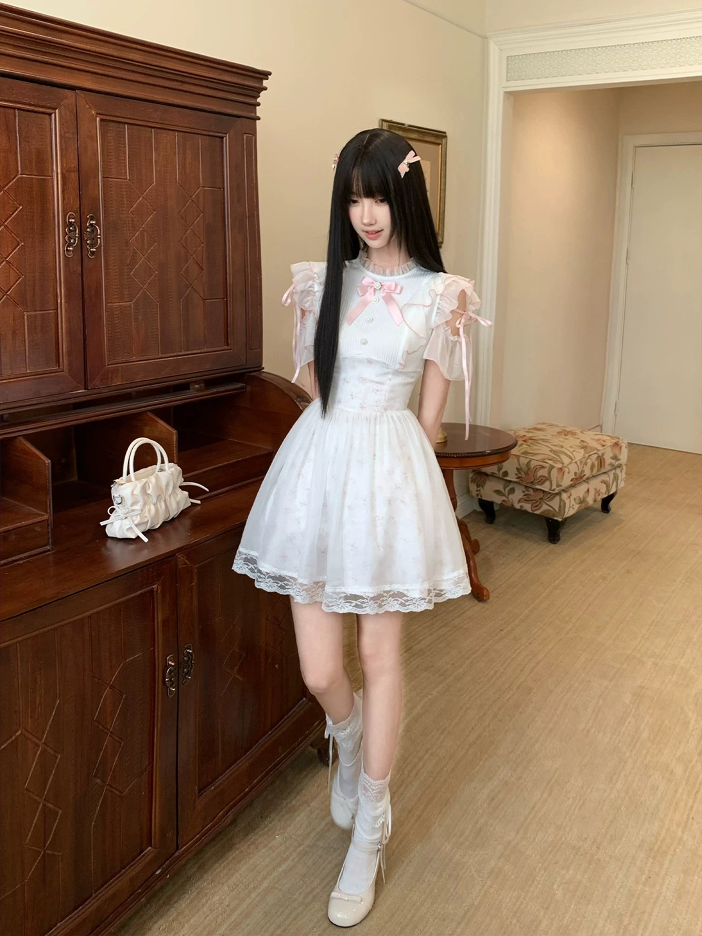 LaLa Sauce Misty Blossom Clear-Style Dreamy Floral Pearl Button-Up Dress with Pink Bow, Tiered Waist-Hugging Short Dress