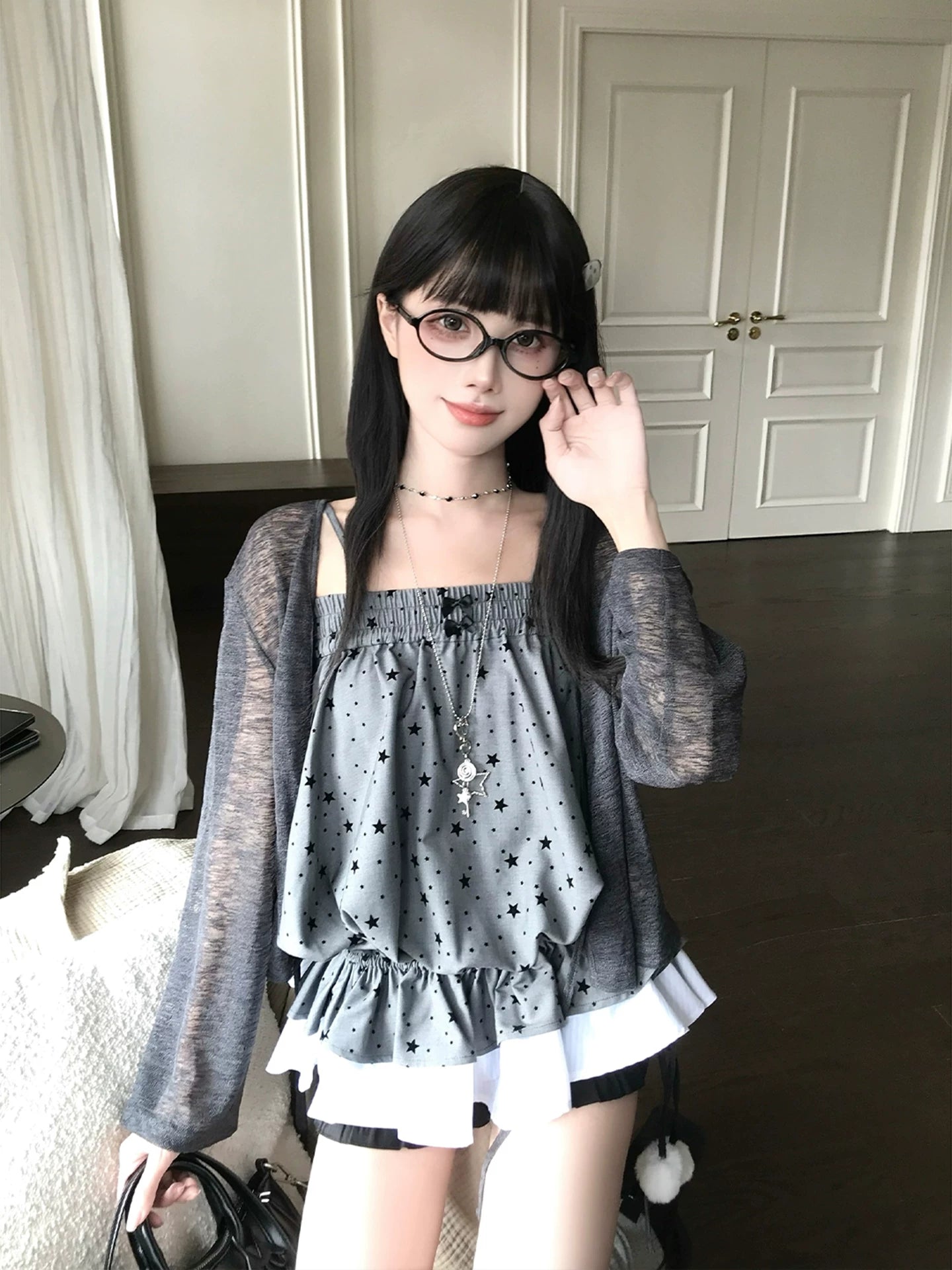 LaLa Sauce “Grey Mist Star” Star Camisole + Sun-Protection Cardigan Two-Piece Set with Drawstring Pom-Pom Sweet & Cool Girl Outfit