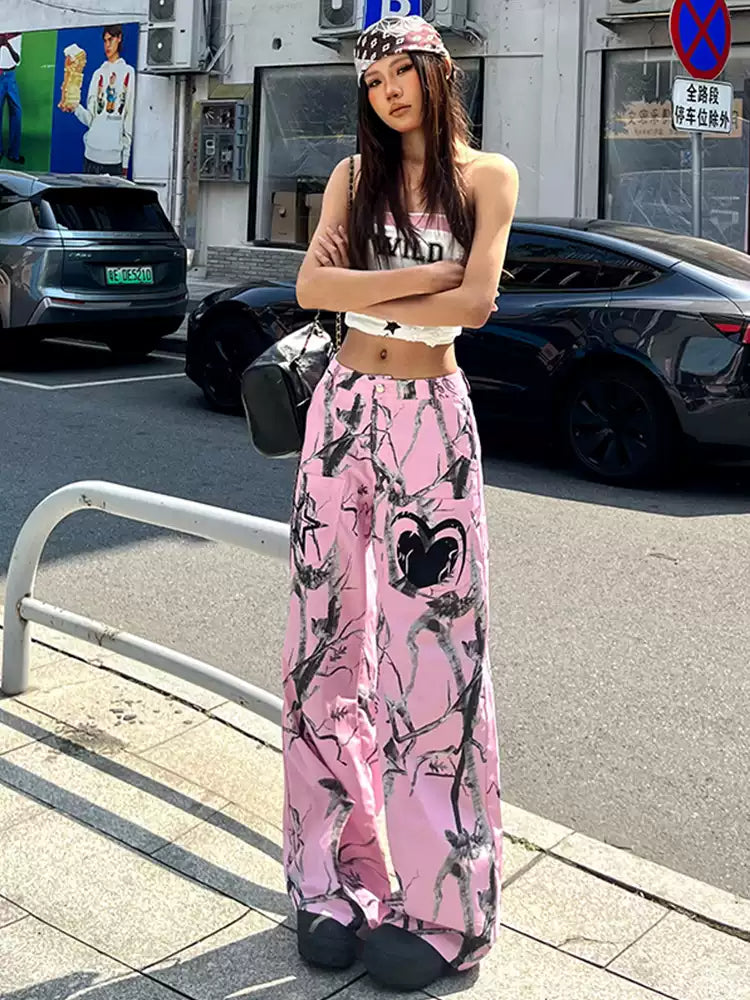 Street pink graffiti niche versatile wide leg pants