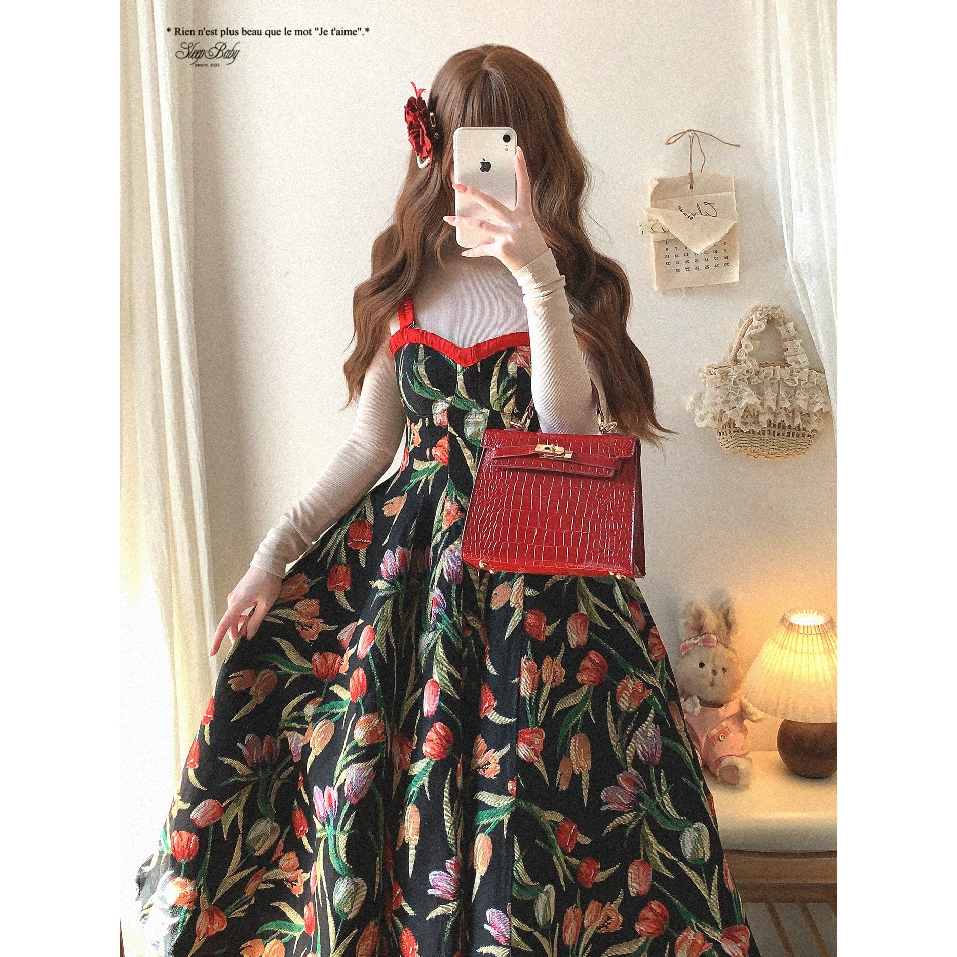 Last-Stock GDRX Vintage Hepburn-Style Oil Painting-Inspired Jacquard Elegant Sheen Satin Shoulder-Strap Slip Dress
