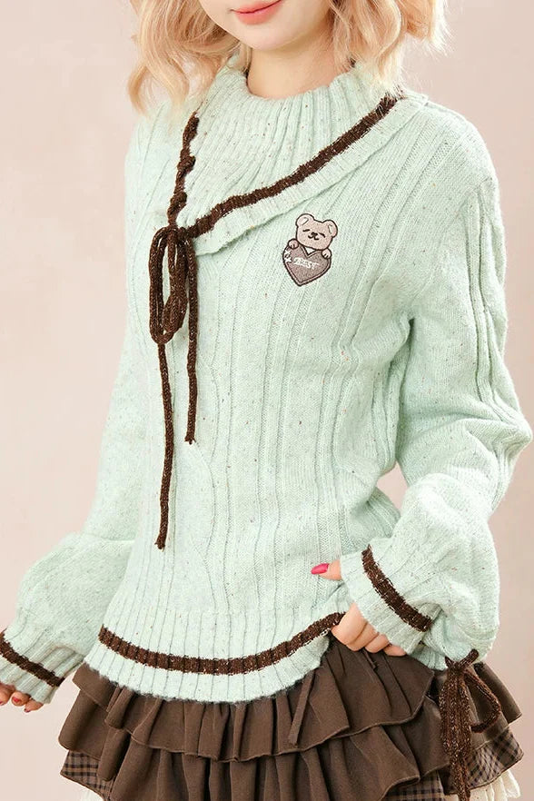 Green Bow Knit Sweater Set Tops