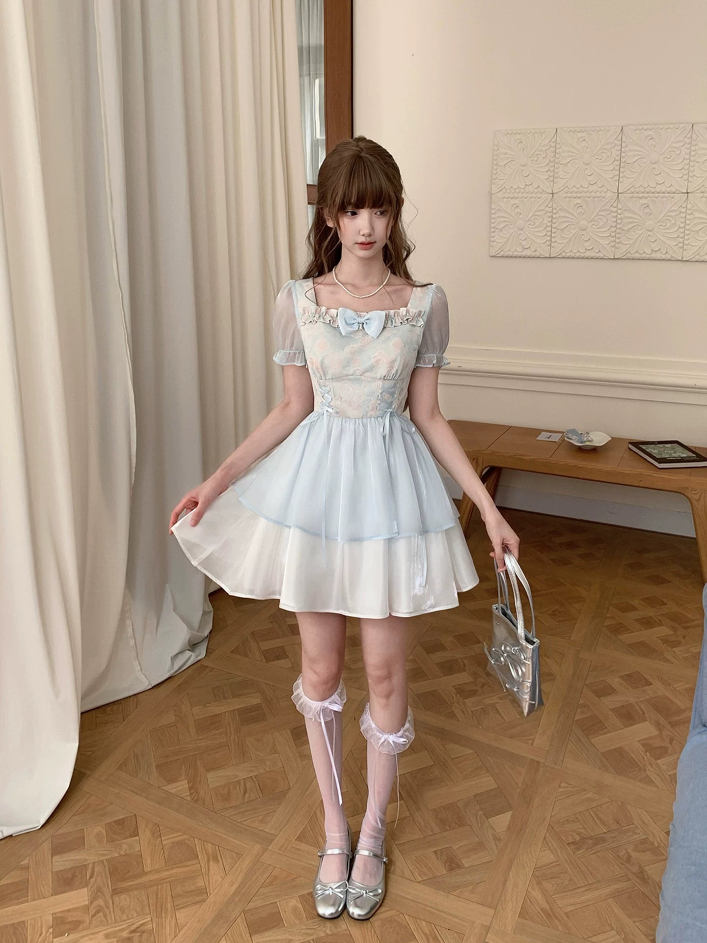 Lala Sauce Blue Moon Series Square-Neck Floral Dress with Bow Tie and Layered Tulle Puff Skirt (Lolita Short Dress)