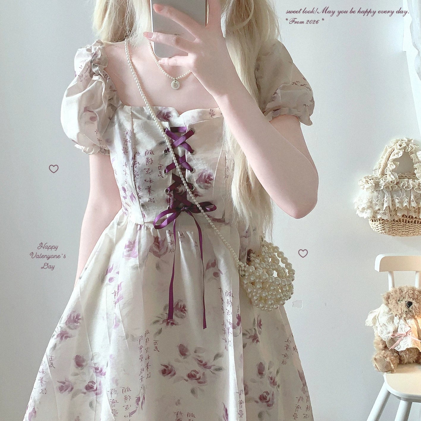 Last-Season Deal Rose-Purple New Chinese-Style Retro Watercolor Ink Floral Print Tie-Back Puff Sleeve Dress *f
