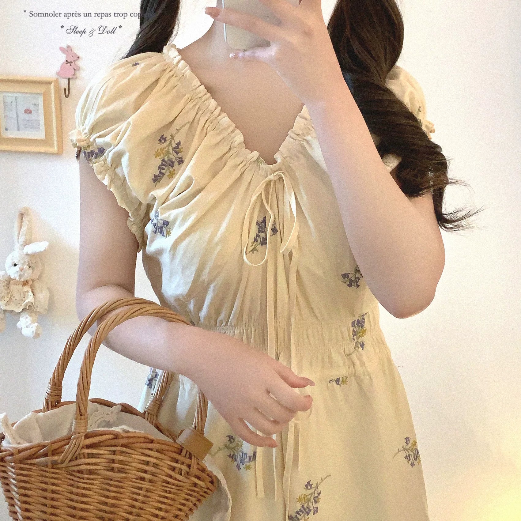 Final Stock MMyT Cotton Fabric Embroidered French Tea-Party Ruffle Pleated Waist Cinched Puff Sleeve Floral Dress with Tie