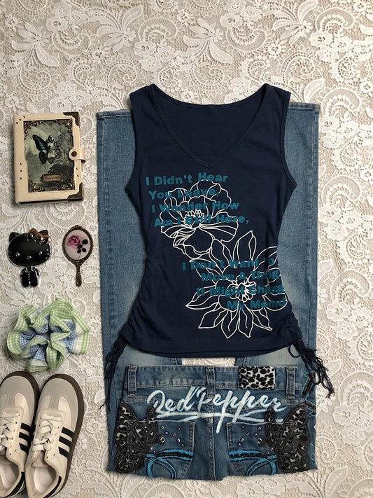 Blue Vintage Floral Print V-Neck Slim Fit Cami Summer Top for Women, Elegant Boutique “Girl” Style