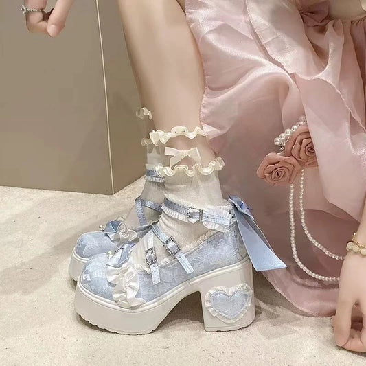New Princess Shoes【Shi Meng Yu】Elegant &amp; Charming Soft-sole Lace Lolita Original Mary Jane with Chunky Heel Height Increase