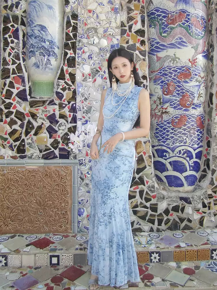 Blue Porcelain Tie-dye Cheongsam Dress