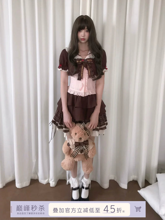 LaLa Sauce Strawberry Cocoa Vintage-Inspired Doll Collar Faux Two-Piece Butterfly Short-Sleeve Shirt Set Plaid Cake Skirt