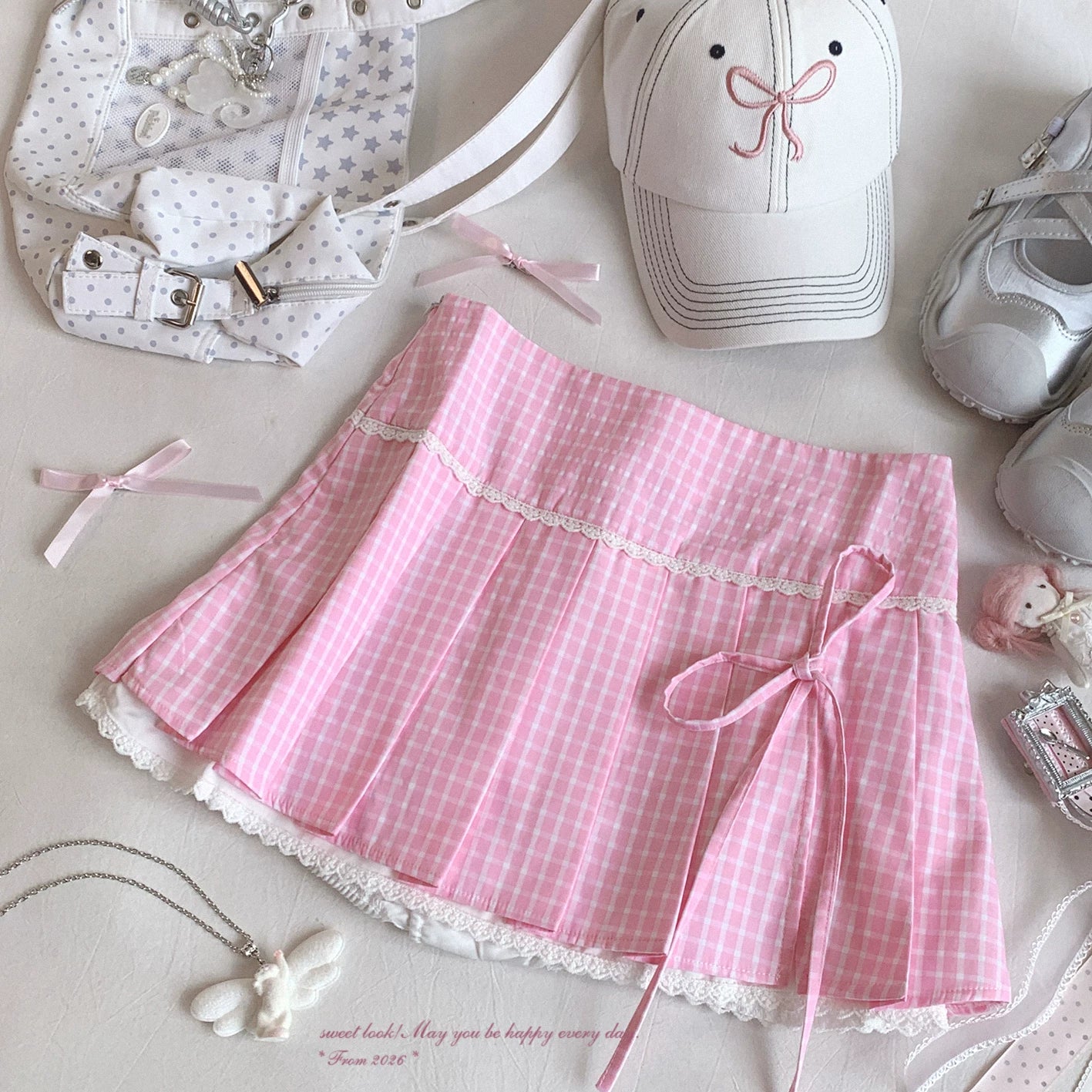 Last-Call NCX* Summer Fresh Sea-Salt Blue Check Lace Sweet High-Waisted Pleated Midi Skirt