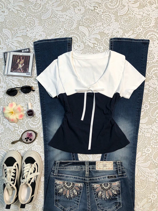 Blue-and-White Color-Block Sweetheart V-Neck Bow Small-Design Flattering Short-Sleeve T-Shirt for Women, Autumn