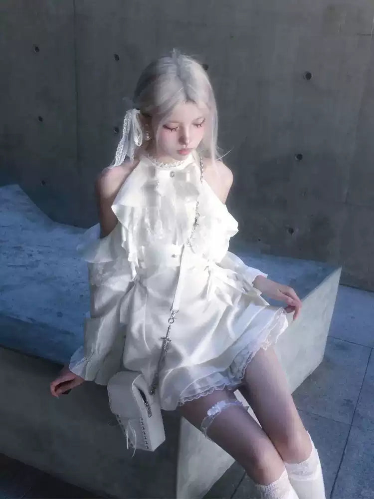 White Halter-neck Ruffled Angelic Dress