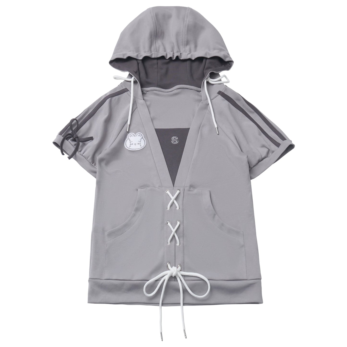 PinkSavior 【Cute Bunny Pitcher】 Grayish Summer Ballgown Dress Outfit with Ruffles, Drawstring Waist and Bow-Tie Belt