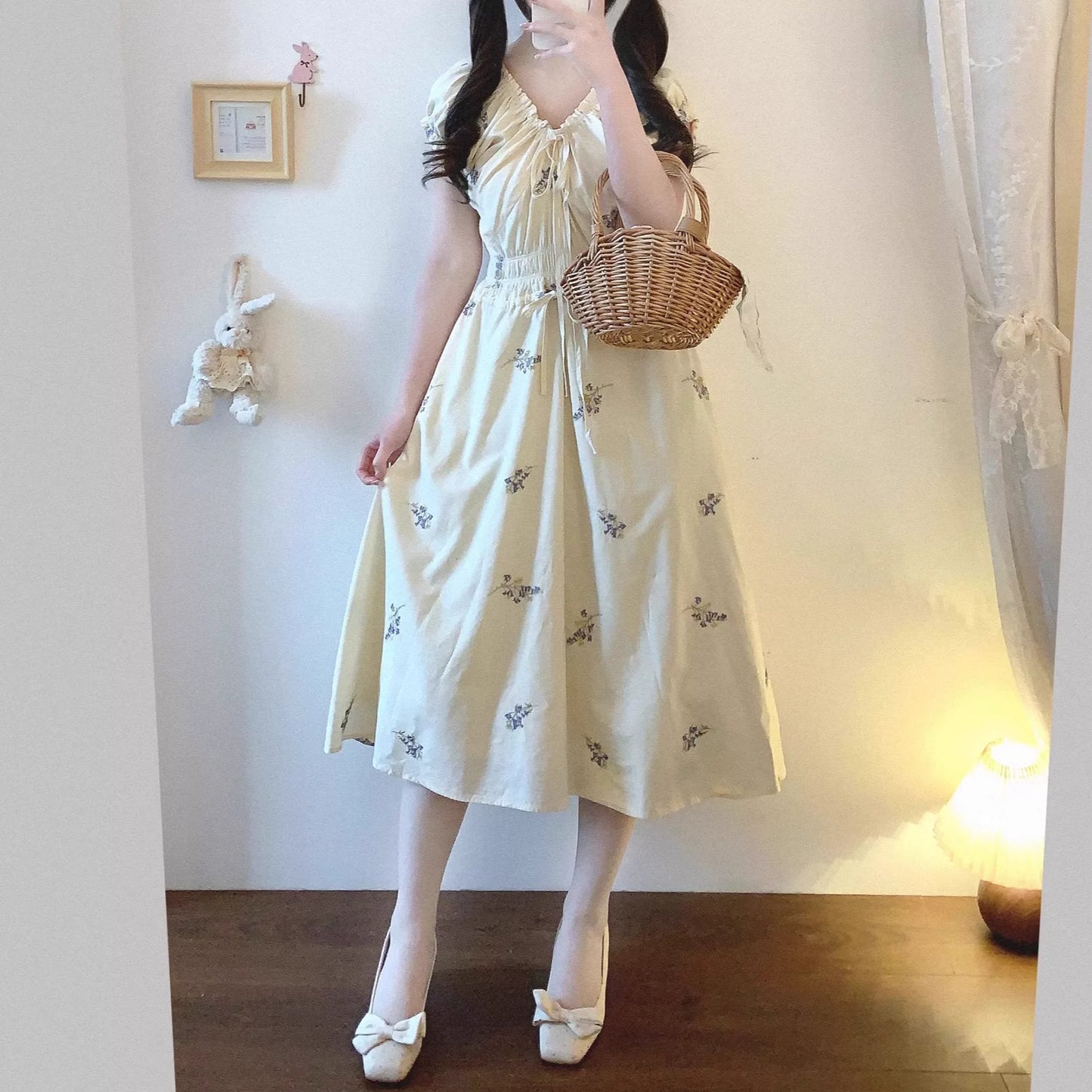 Final Stock MMyT Cotton Fabric Embroidered French Tea-Party Ruffle Pleated Waist Cinched Puff Sleeve Floral Dress with Tie