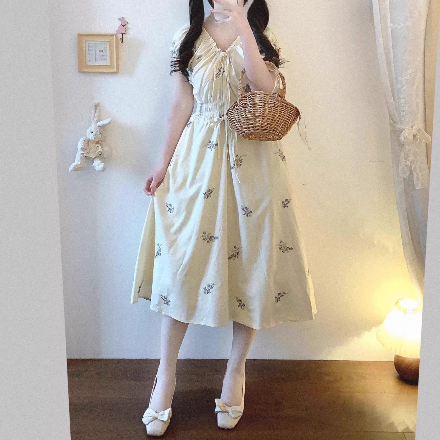 Final Stock MMyT Cotton Fabric Embroidered French Tea-Party Ruffle Pleated Waist Cinched Puff Sleeve Floral Dress with Tie