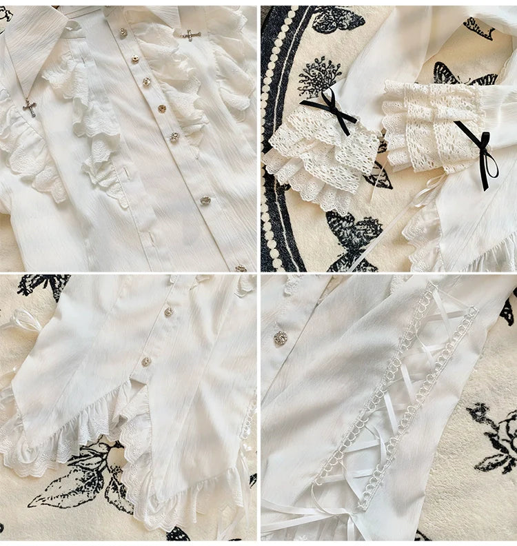 Gothic Lolita Blouse Black White Waist-Tie Shirt