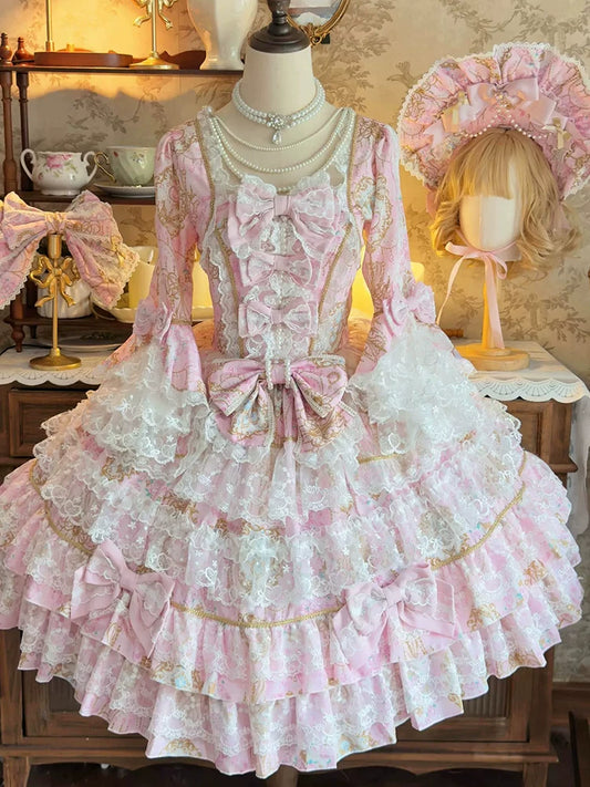 Sweet & Cute Apricot-Pink Lolita Dress Sweet Long-Sleeve OP Dress for Women Long Sleeve Lolita