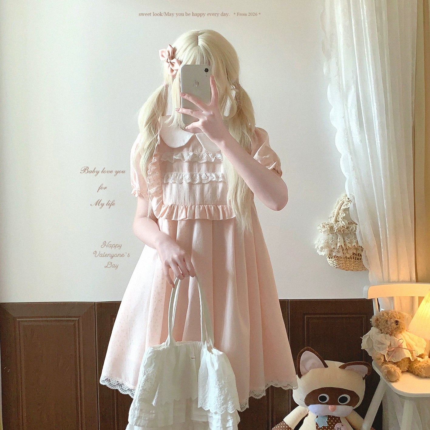 Last-Season Clearance NCX* Sweet Style Adorable Doll Collar Lace Ruffle Puff Sleeves High-Waist Dress