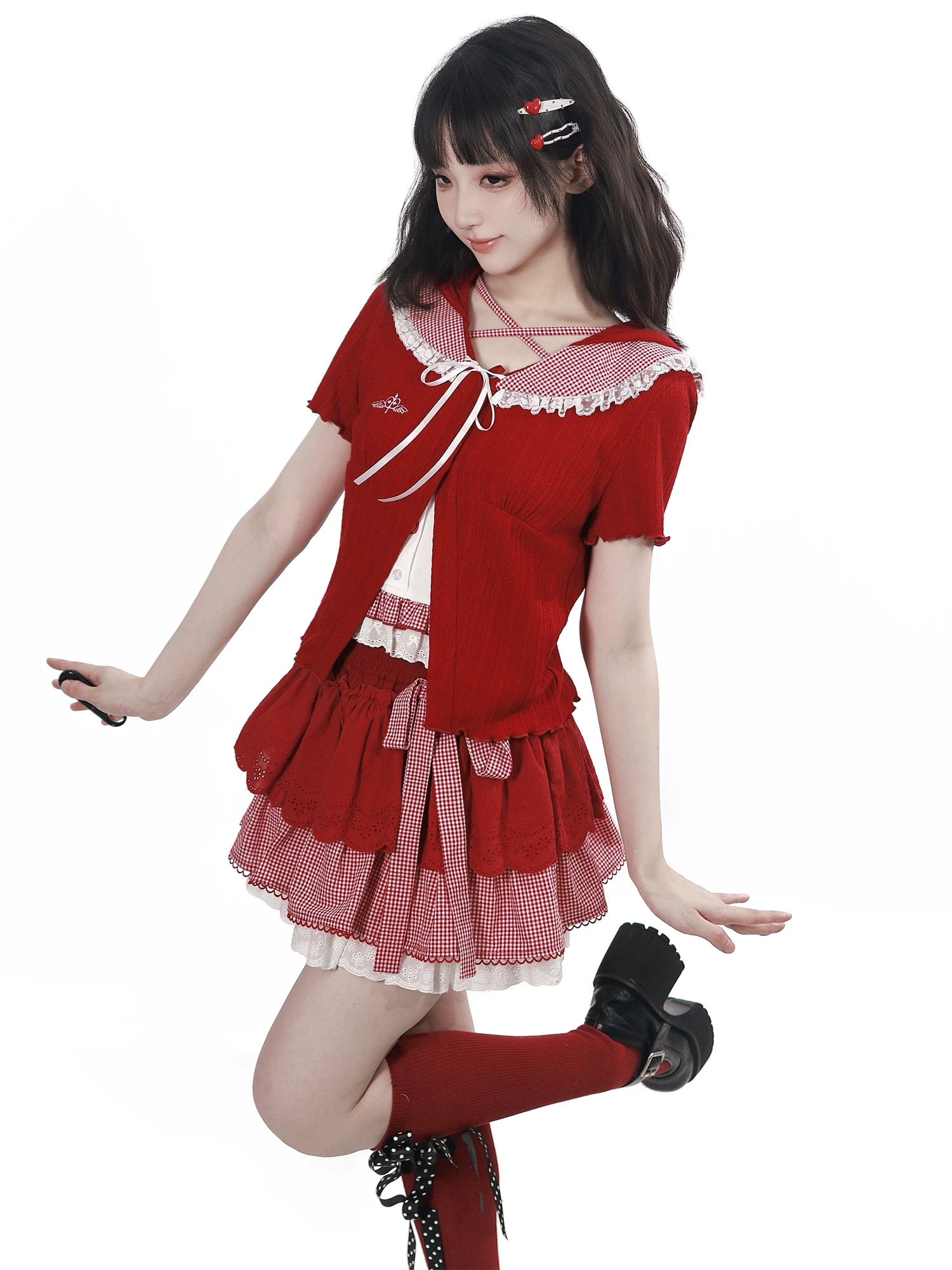 Fast Dispatch【Sugar Heart Apple】Red &amp; White Bunny Ears Pattern Knit Cropped Cardigan Layered Cake Dress