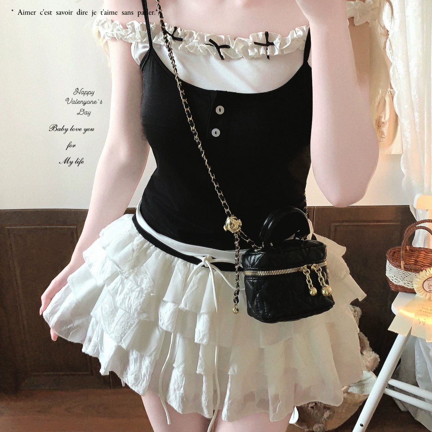 Last-Stock SK Contrast-Band High-Waist Hollow Lace Patchwork Layered Cake Midi Skirt