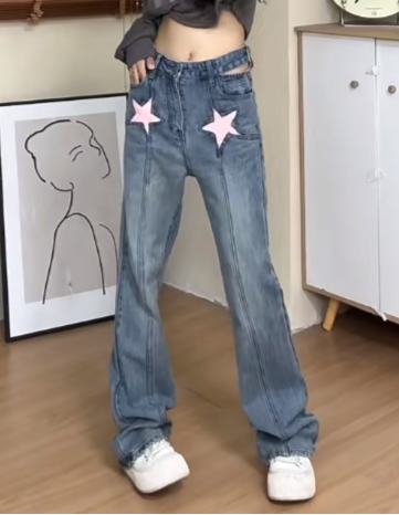 Y2K Retro Pink Star Embroidered Jeans