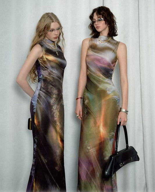 Halo Print Mesh Cheongsam Dress