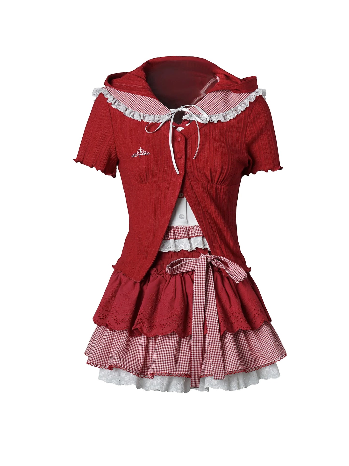Fast Dispatch【Sugar Heart Apple】Red &amp; White Bunny Ears Pattern Knit Cropped Cardigan Layered Cake Dress