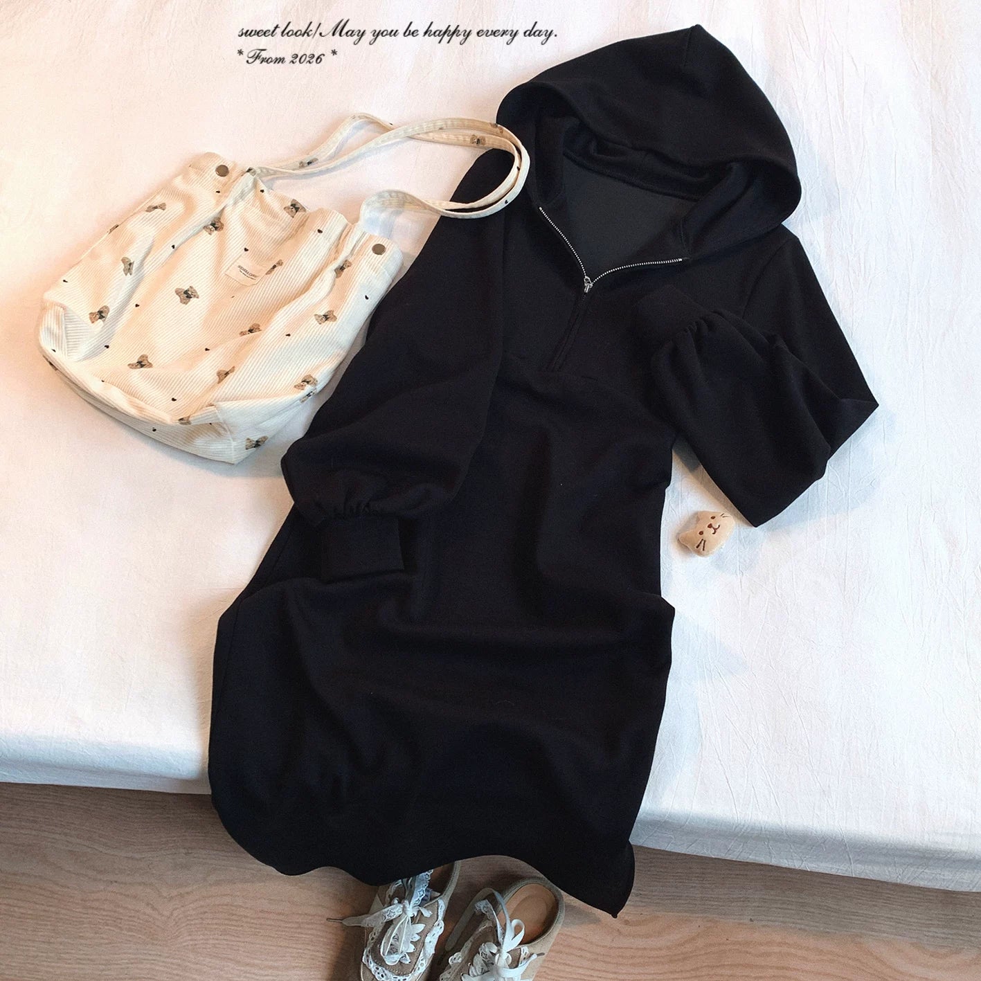 Last-Stock GR* Solid Color Minimalist Hooded Sweatshirt Dress, Casual Everyday, Versatile Zip-Front Dress