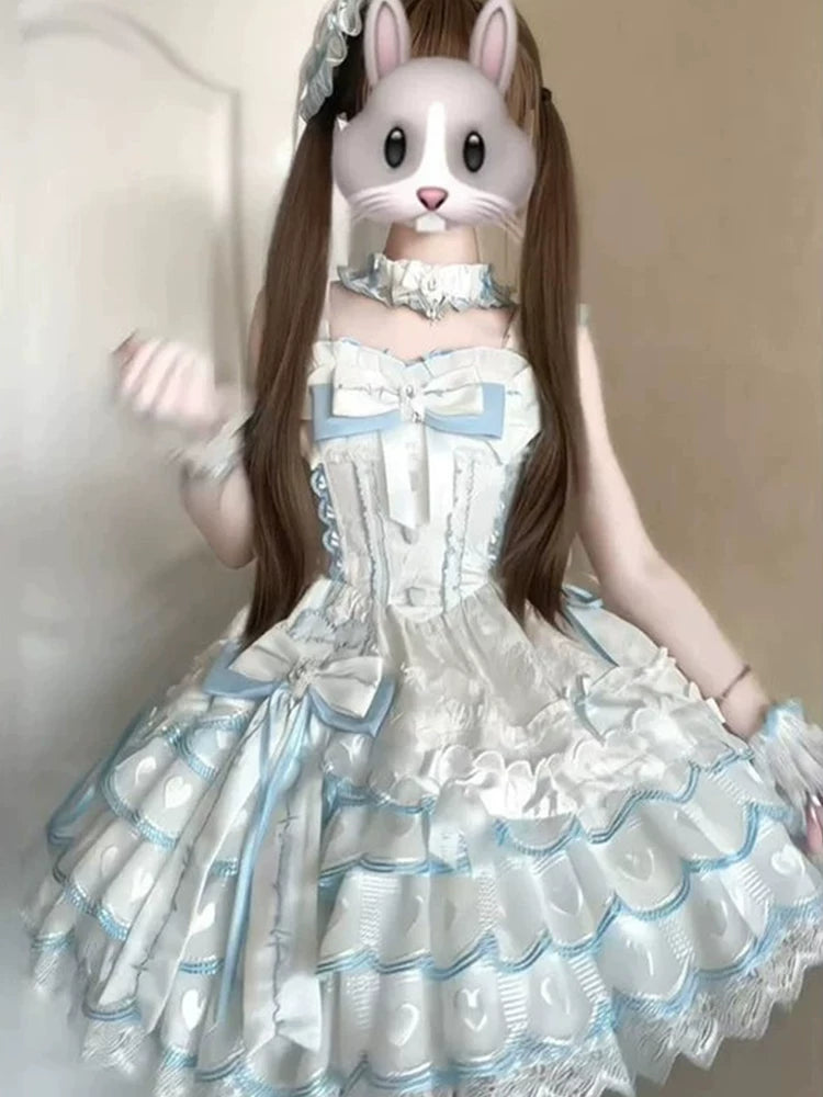 Blue-and-White Ballet Lolita Dress JSK Day Dress for Everyday Wear, Dog Short Train, Bowknot, Sweet Princess Lolita