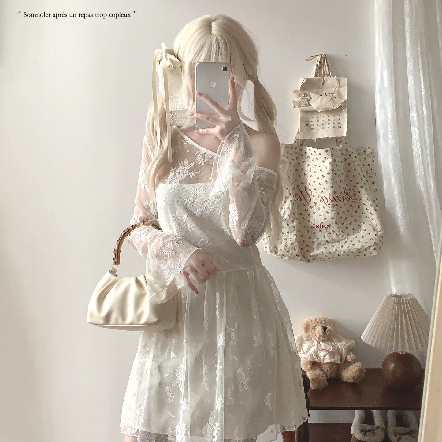 Last-Season xcll Romantic Korean-Inspired Elegant Jacquard Lace Tulle Off-Shoulder Bell-Sleeve Dress