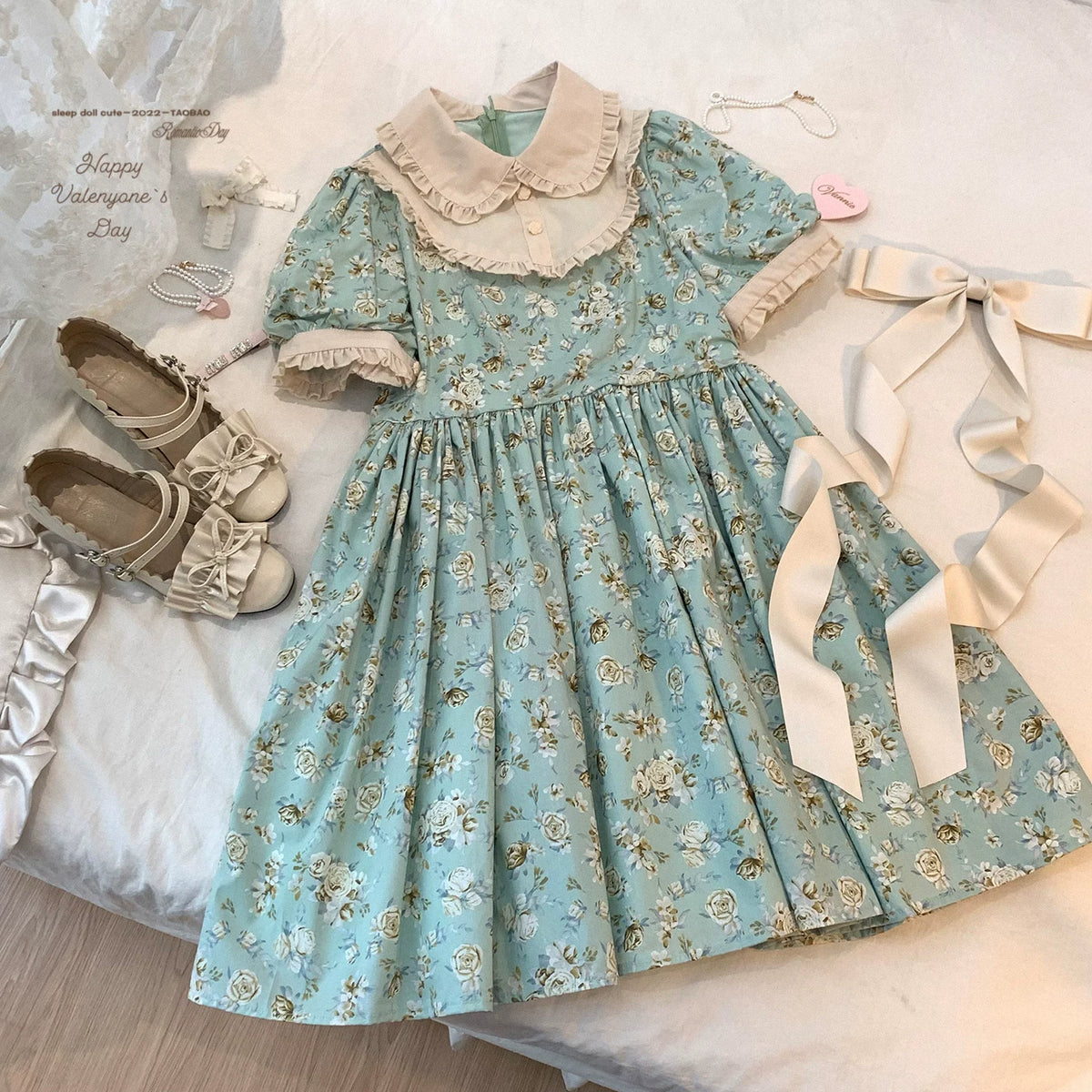 Sleepingdoll Handmade — Kingfisher Garden Mint Rose Printed Cotton Dress Half-Skirt Series