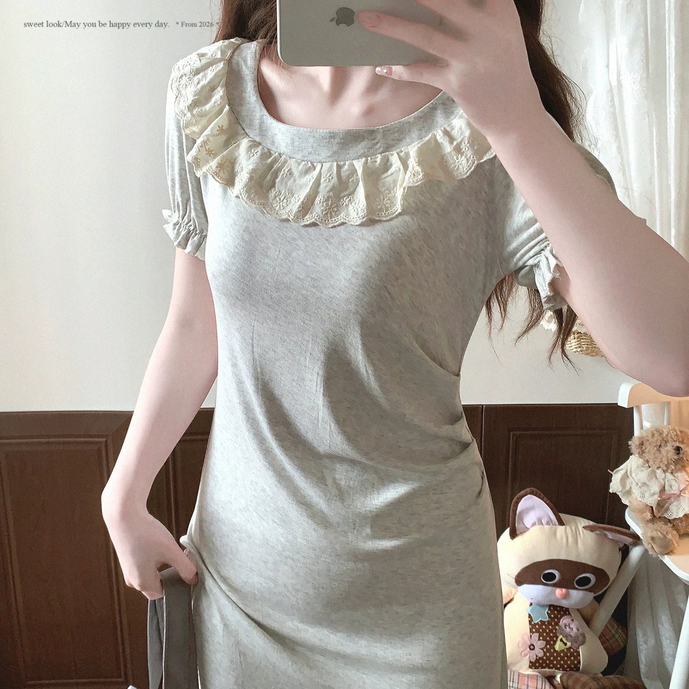 End-of-Season Soft Light Gray Korean Retro Ruffle Lace Long Dress with Short Sleeves*