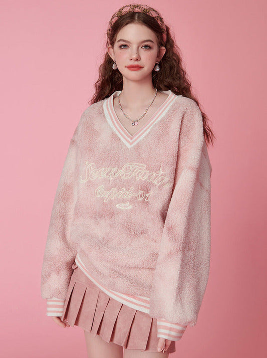 Letter Embroidery Faux Two Piece V-Neck Sweatshirt Pink.