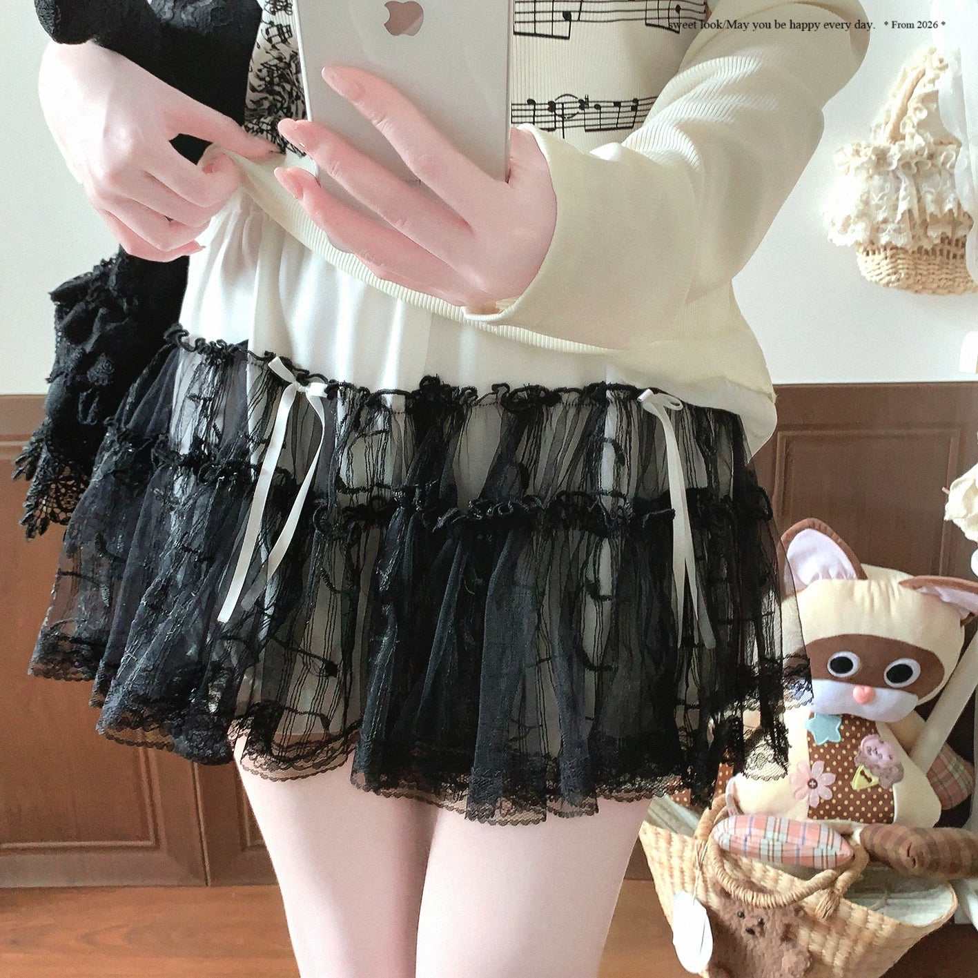 Sleepingdoll Handmade Satin Ribbon Butterfly Bow Music Note Lace Tulle Cake Skirt Half Skirt