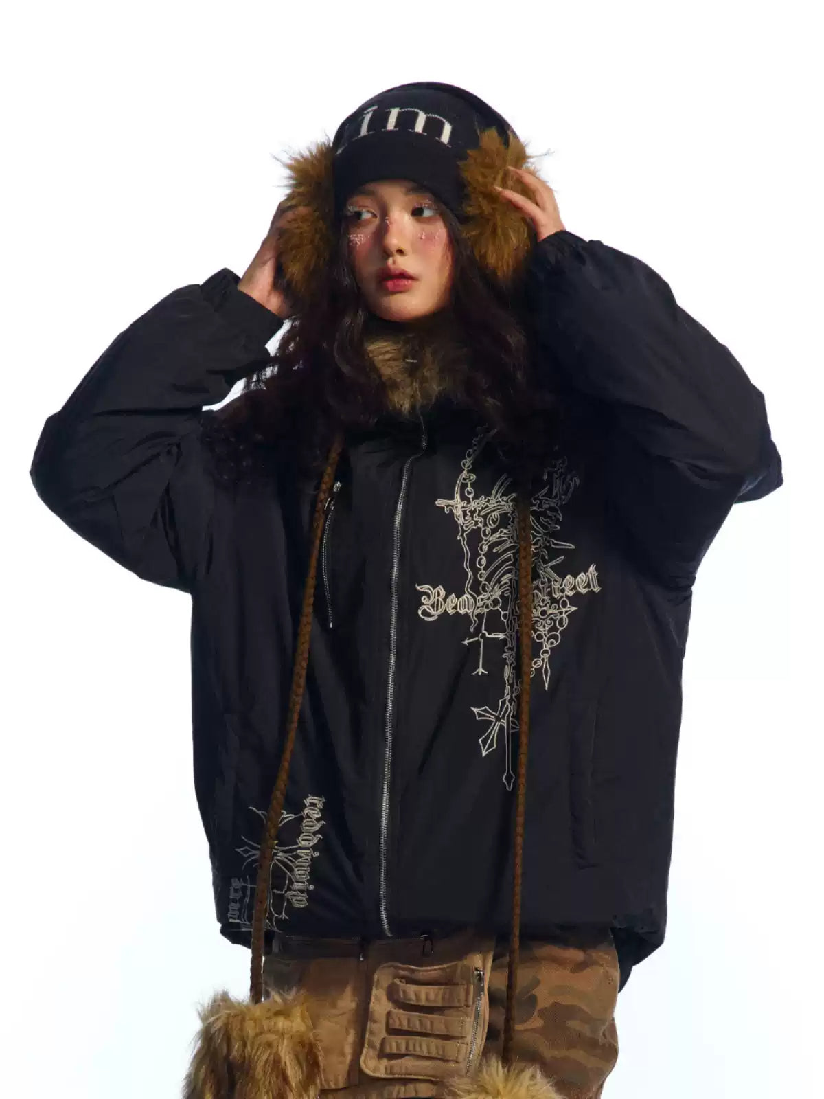 embroidered windproof fur collar hooded cotton jacket