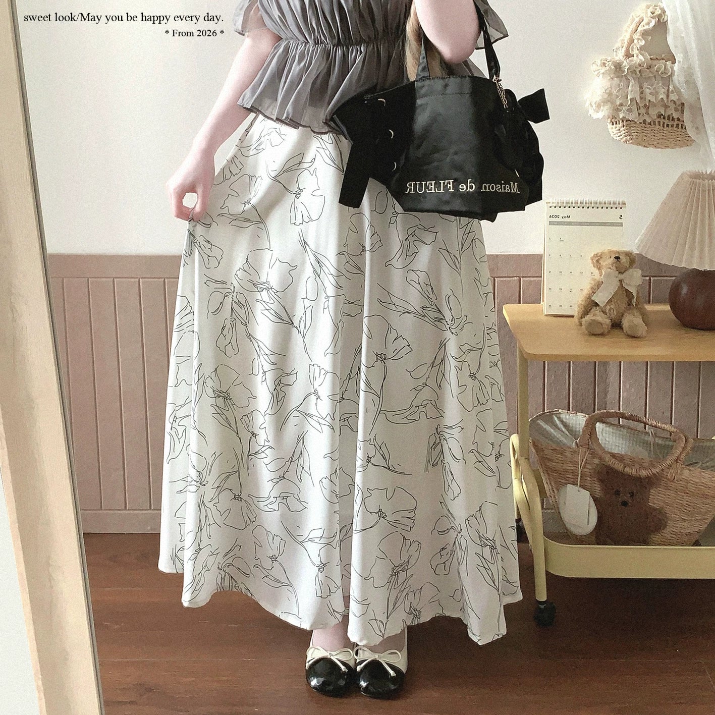 Japanese Single-Line Outline Vintage Flower High-Waisted Ruffled Fishtail Midi Skirt*