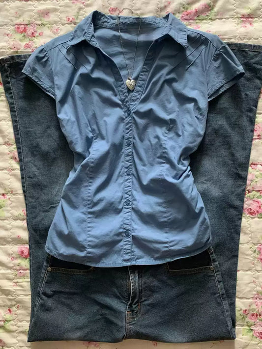 Blue V-neck straps T-shirt