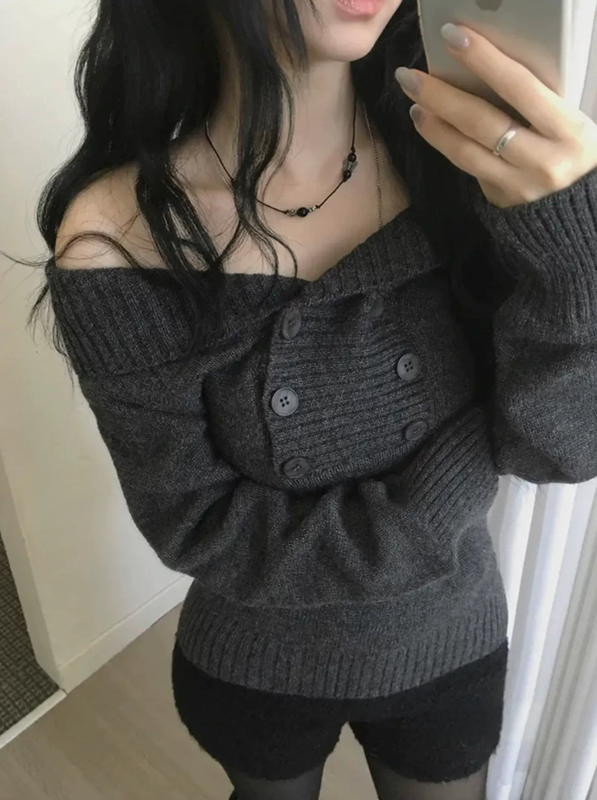 Women’s Ribbed Turtleneck Sweater | Korean-Inspired One Shoulder Knit Top with Double Button Detail