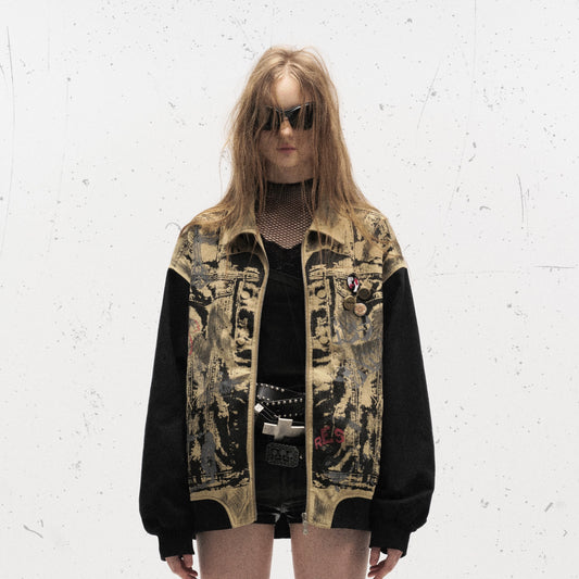 American retro distressed worn graffiti splicing jacket