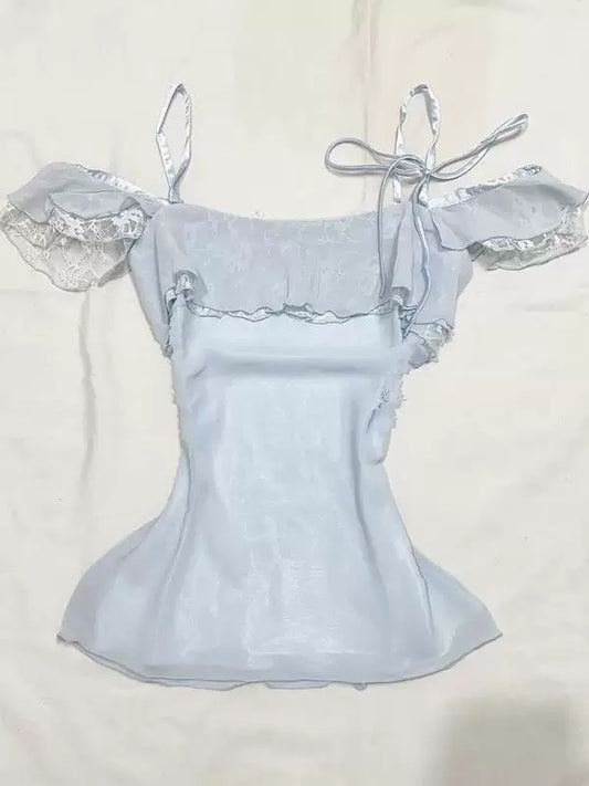 Unique Summer Vintage-Inspired Chic Blue Camisole Top