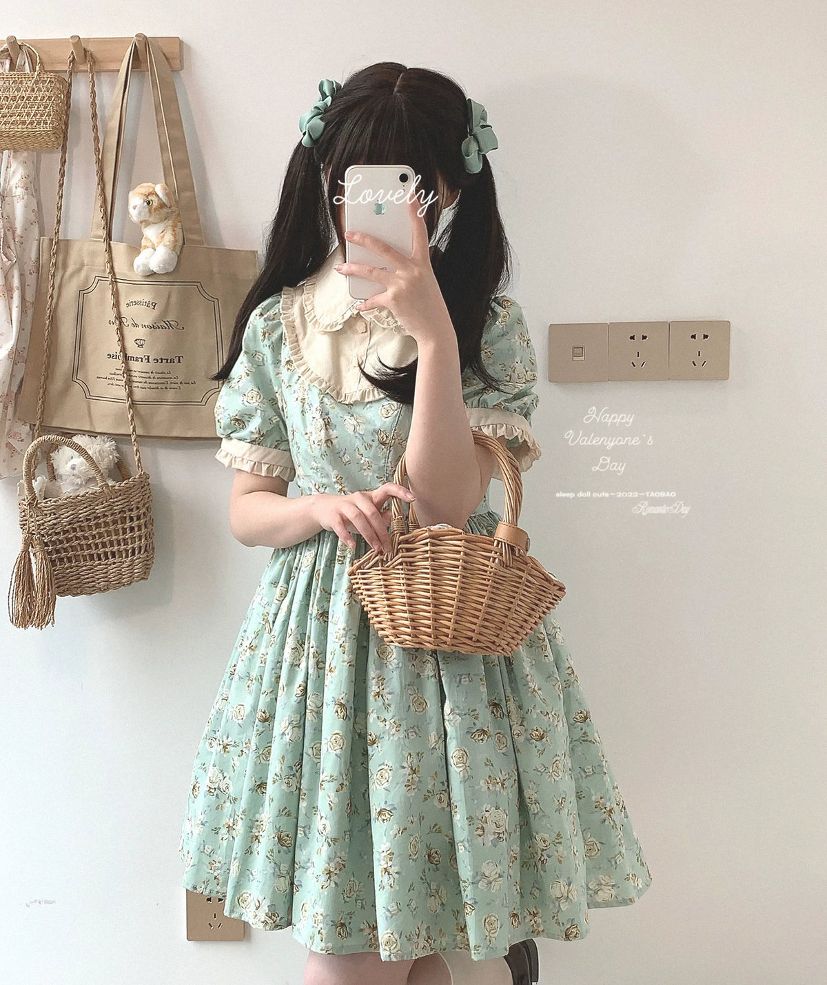 Sleepingdoll Handmade — Kingfisher Garden Mint Rose Printed Cotton Dress Half-Skirt Series