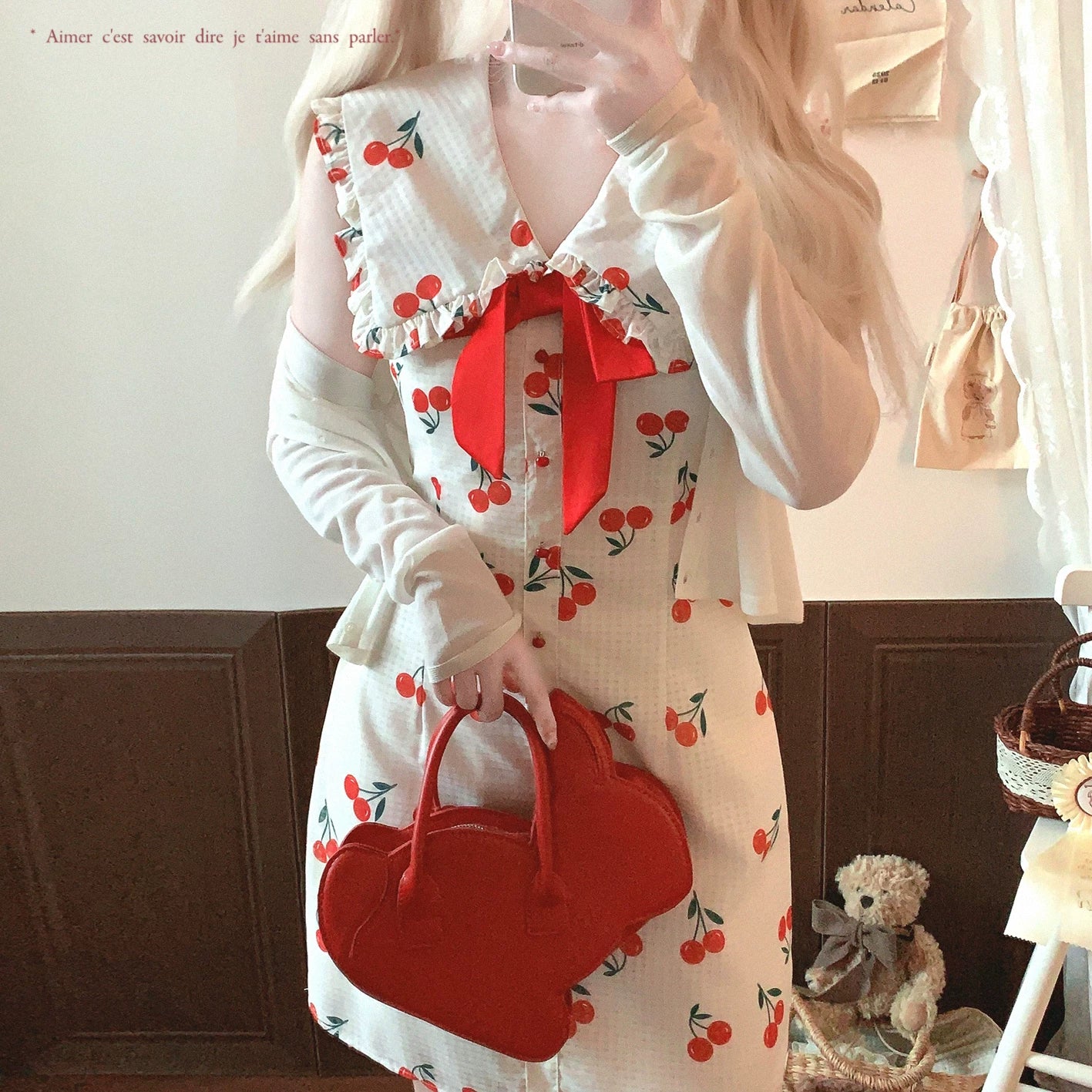 Last-Season Sale Cherry Print Gingham Retro Summer Cute Bow Cinched Waist Dress*